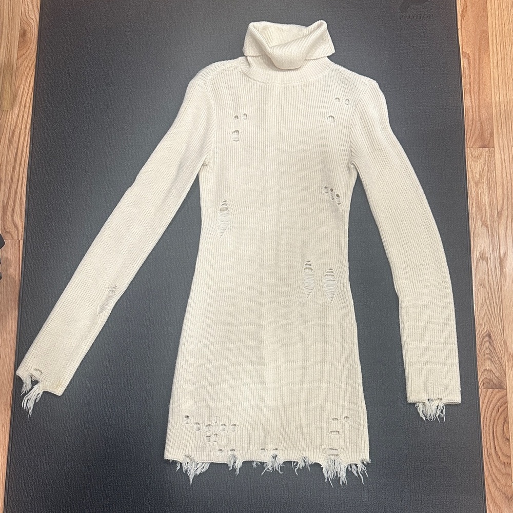 Lovers + Friends Cream Long Sleeve Distressed Dress